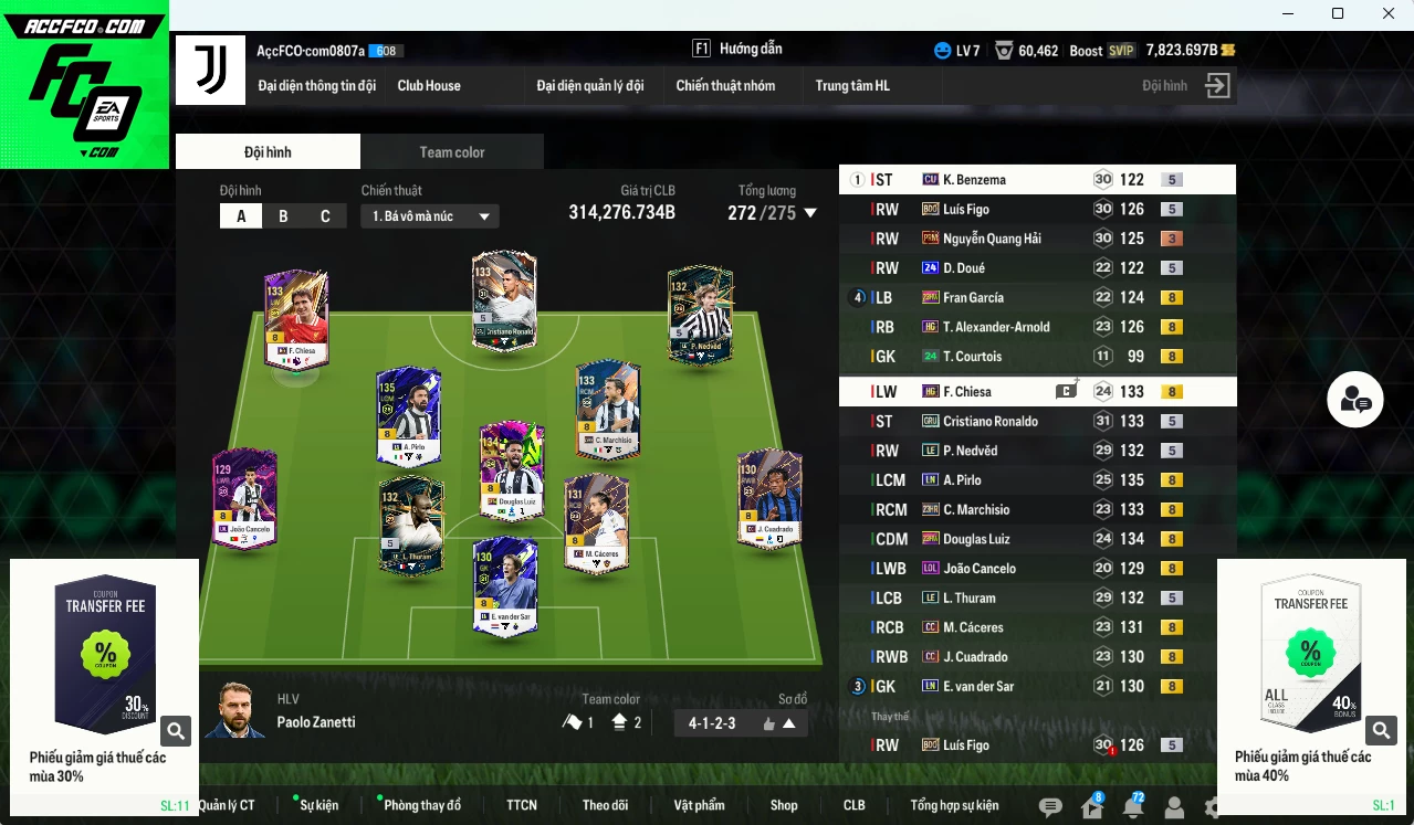 Juventus mix Real Madrid 314.270b dư 7800b có CR7 GRU, Pirlo LN, Thuram LE, Nedved LE, Benzema CU, Figo BDO, Douglas Luiz 23HW, Cáceres CC, Arnold HG, Chiesa HG, Marchisio 23HR, Fran García 23HW... HLV Xịn